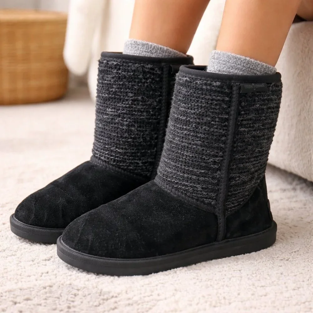 MINNETONKA Women Sz 8 Black Suede Leather Sheepskin Lambswool Lined Boots Winter